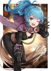 Rule 34 | 1girl, ;d, artist name, ass, belt, bent over, black bodysuit, black gloves, blue eyes, blurry, blurry background, bodysuit, border, braid, breasts, cape, cleavage, copyright name, depth of field, elbow gloves, fire emblem, fire emblem heroes, gloves, gonzarez, hand on own knee, highres, long hair, looking at viewer, medium breasts, nintendo, one eye closed, open mouth, outside border, ponytail, purple cape, reginn (fire emblem), smile, solo, white border, yellow eyes