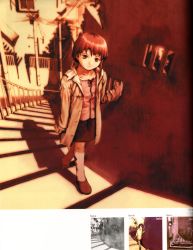 Rule 34 | 1990s (style), 1girl, abe yoshitoshi, absurdres, argyle, argyle clothes, argyle legwear, artbook, brown eyes, brown hair, coat, dusk, from above, head tilt, highres, iwakura lain, looking up, monochrome, official art, partially colored, power lines, retro artstyle, scan, serial experiments lain, short hair, sketch, skirt, stairs, traditional media, utility pole, window