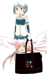 Rule 34 | 10s, 2girls, :d, armband, bag, blue eyes, blue hair, bow, cape, carrying, damenano104, fortissimo, gloves, hair bow, hair ornament, in bag, in container, kaname madoka, long hair, magical girl, mahou shoujo madoka magica, mahou shoujo madoka magica (anime), mahou shoujo madoka magica movie 1 &amp; 2, miki sayaka, multiple girls, musical note, musical note hair ornament, open mouth, pink hair, short hair, simple background, smile, soul gem, two side up, ultimate madoka, white background, wings, yellow eyes