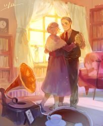 Rule 34 | 1boy, 1girl, armchair, black pants, breasts, cane, capelet, chair, clock, couch, couple, cup, curtains, dancing, dated, drawing (object), dress, flower, grey hair, hetero, husband and wife, indoors, light particles, long sleeves, looking at another, necktie, old, old man, old woman, original, pants, phonograph, pon (cielo), purple dress, red necktie, saucer, shirt, smile, sunlight, teacup, vase, vest, white shirt, window