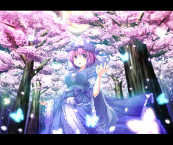 Rule 34 | 1girl, alternate hair color, breasts, bug, butterfly, cherry blossoms, female focus, forest, full moon, glowing, hat, insect, japanese clothes, letterboxed, moon, nature, outdoors, pink eyes, pink hair, promotions (meme), purple eyes, purple hair, ryosios, saigyouji yuyuko, short hair, solo, standing, touhou, tree