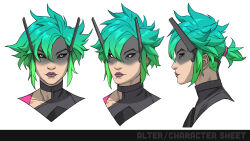 Rule 34 | 1girl, absurdres, alter (apex legends), apex legends, aqua hair, black bodysuit, black sclera, bodysuit, character name, character sheet, collarbone, colored sclera, commentary, didier nguyen, english commentary, gradient hair, green hair, highres, multicolored hair, multiple views, official art, ponytail, production art, purple lips, short hair, simple background, white background, white eyes