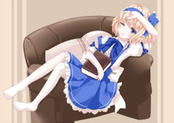 Rule 34 | 1girl, alice margatroid, alice margatroid (pc-98), blonde hair, blue eyes, book, bow, chair, grimoire, grimoire of alice, hair bow, lying, nanatuki13, on back, one eye closed, open mouth, pantyhose, pillow, puffy short sleeves, puffy sleeves, shirt, short sleeves, skirt, solo, suspenders, touhou, touhou (pc-98), white pantyhose