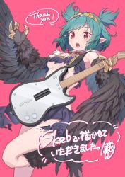 Rule 34 | 1girl, bird legs, black feathers, black wings, blush, botamochi (exwelder), breasts, claws, collar, commentary request, commission, electric guitar, feathers, green hair, guitar, harpy, holding, holding instrument, instrument, monster girl, open mouth, original, pointy ears, red eyes, short hair, short twintails, skeb commission, small breasts, solo, thank you, tiara, twintails, underboob, virtual youtuber, winged arms, wings