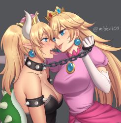 Rule 34 | 2girls, :p, after kiss, bare shoulders, bdsm, blonde hair, bondage, bound, bowsette, breasts, bright pupils, chain, chained, cleavage, collar, collarbone, crown, dress, earrings, elbow gloves, eye contact, face-to-face, fang, femdom, gloves, half-closed eyes, jewelry, large breasts, leash, long hair, looking at another, mario (series), multiple girls, mylovelydevil, new super mario bros. u deluxe, nintendo, open mouth, pointy ears, ponytail, princess, princess peach, puffy short sleeves, puffy sleeves, role reversal, shell, short sleeves, slave, sleeveless, sleeveless dress, super crown, sweatdrop, tongue, tongue out, upper body, yuri