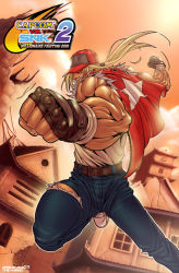 Rule 34 | 1boy, benjo camay, blonde hair, capcom, capcom vs snk, capcom vs snk 2, collaboration, darkeyez07, denim, fatal fury, fingerless gloves, gloves, hat over eyes, jeans, male focus, muscular, pants, ponytail, snk, solo, terry bogard, the king of fighters, torn clothes, torn jeans
