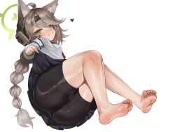 Rule 34 | 1girl, ahoge, animal ears, ass, barefoot, bike shorts, black shorts, blue archive, blue skirt, blush, braid, braided ponytail, brown hair, clothes lift, dokomon, feet, fox ears, full body, green eyes, grin, halo, heart, highres, legs, lifted by self, long sleeves, looking at viewer, otogi (blue archive), shirt, shorts, simple background, skirt, skirt lift, smile, soles, solo, toes, white background, white shirt