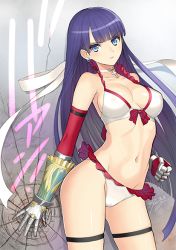 Rule 34 | &gt;:(, 1girl, bikini, blue eyes, blunt bangs, breasts, choker, cleavage, contrapposto, cowboy shot, crack, cracked wall, earrings, elbow gloves, fate/grand order, fate (series), frown, gauntlets, gloves, gluteal fold, hand on wall, jewelry, long hair, looking at viewer, martha (fate), martha (swimsuit ruler) (fate), martha (swimsuit ruler) (third ascension) (fate), medium breasts, navel, necklace, pink gloves, purple hair, rosary, single earring, skindentation, solo, standing, swimsuit, thigh strap, tony taka, v-shaped eyebrows, very long hair, white bikini