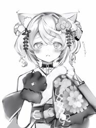 Rule 34 | 1girl, absurdres, animal ear fluff, animal ears, animal hands, blush, choker, crossed bangs, dog ears, dog girl, dot nose, frown, fur collar, gloves, greyscale, hair between eyes, hair ornament, highres, hololive, hololive english, japanese clothes, kimono, leaf hair ornament, looking at viewer, mococo abyssgard, mococo abyssgard (new year), monochrome, nanashi (nlo), official alternate costume, paw gloves, short hair, simple background, solo, upper body, virtual youtuber