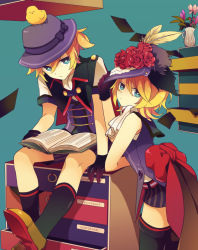 Rule 34 | 1boy, 1girl, akiyoshi (tama-pete), alternate costume, blonde hair, blue eyes, blue hat, book, brother and sister, feathers, flower, gloves, hat, kagamine len, kagamine rin, looking at viewer, red eyes, ribbon, rose, short hair, short sleeves, shorts, siblings, sitting, vocaloid