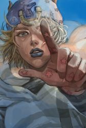 Rule 34 | 1boy, blonde hair, blue lips, expressionless, hand up, hat, highres, hood, hoodie, horseshoe ornament, index finger raised, johnny joestar, jojo no kimyou na bouken, looking at viewer, male focus, one eye covered, parted lips, perspective, short hair, snr snr, star (symbol), steel ball run, tears, teeth, upper body