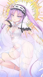 Rule 34 | 1girl, bracelet, choker, fate/grand order, fate/hollow ataraxia, fate (series), halo, headband, highres, jewelry, legs, open mouth, panties, purple eyes, purple hair, revealing clothes, see-through, smile, stheno (fate), thighs, underwear