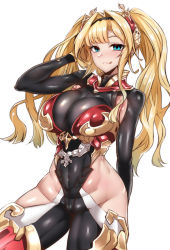 Rule 34 | 1girl, absurdres, armor, blonde hair, blue eyes, blush, bodysuit, braid, breasts, cleavage, gggg, granblue fantasy, hair intakes, hair ornament, hairband, highres, large breasts, long hair, looking at viewer, navel, simple background, smile, solo, twintails, white background, zeta (granblue fantasy)