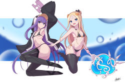 Rule 34 | 2girls, abigail williams (fate), absurdres, animal hood, arm up, armor, armpits, ass, bandaid, bandaid on face, bandaid on forehead, bare shoulders, bikini, black bikini, black bow, black jacket, black legwear, blonde hair, blue bow, blue eyes, bow, breasts, closed mouth, collarbone, crossed bandaids, fate/grand order, fate (series), forehead, greaves, hair between eyes, hair bow, hair bun, highres, hood, jacket, key, legs, long hair, long sleeves, looking at viewer, meltryllis, meltryllis (fate), meltryllis (swimsuit lancer) (fate), meltryllis (swimsuit lancer) (first ascension) (fate), multiple girls, navel, open clothes, open jacket, open mouth, orange bow, parted bangs, penguin hood, polka dot, polka dot bow, prosthesis, prosthetic leg, purple hair, sato art, single hair bun, sleeves past fingers, sleeves past wrists, small breasts, smile, staff, swimsuit, thighhighs, thighs, very long hair