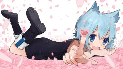Rule 34 | 1girl, :d, animal ears, ass, bad id, bad pixiv id, black dress, blue eyes, blue hair, boots, cat ears, cherry blossoms, dress, foreshortening, lying, matching hair/eyes, nanami ao, on stomach, open mouth, pointing, short hair, smile, solo, wada arco, yozakura quartet
