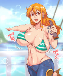 Rule 34 | 1girl, breasts, fishneak, highres, large breasts, nami (one piece), one piece, orange hair, smile, solo
