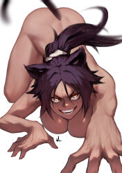 Rule 34 | 1girl, animal ears, ass, bleach, bluecup, breasts, cat ears, cat tail, completely nude, crawling, dark-skinned female, dark skin, hair between eyes, highres, large breasts, long hair, looking at viewer, lying, nude, on stomach, ponytail, purple hair, shihouin yoruichi, signature, smile, solo, tail, teeth, thighs, toned, v-shaped eyebrows, yellow eyes