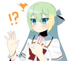 Rule 34 | !?, 1girl, alina gray, amane hikari, aqua eyes, blunt ends, bow, bowtie, closed mouth, green hair, hair between eyes, layered sleeves, long sleeves, loose bowtie, magia record: mahou shoujo madoka magica gaiden, mahou shoujo madoka magica, multicolored hair, red bow, red bowtie, sakae general school uniform, school uniform, shirt, short over long sleeves, short sleeves, sidelocks, simple background, sleeve cuffs, sleeves rolled up, solo, straight hair, streaked hair, surprised, white background, white shirt, wing collar