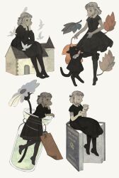 Rule 34 | 1girl, animal, animal on head, autumn leaves, bird, bird on head, black coat, black dress, black footwear, black pantyhose, black ribbon, black sleeves, blonde hair, book, brown eyes, closed eyes, closed mouth, clothed animal, coat, collar, collared dress, cup, daisy, dove, dress, flower, frilled collar, frills, full body, hair ribbon, hand on own chin, hands on own cheeks, hands on own face, high heels, holding, holding cup, holding saucer, house, in container, in jar, juliet sleeves, long sleeves, looking ahead, looking at animal, medium hair, multiple views, neck ribbon, on head, on roof, original, pantyhose, partially submerged, pleated skirt, puffy sleeves, pumps, ribbon, saucer, short dress, short sleeves, simple background, sitting, sitting on roof, skirt, smile, teacup, thinking, tono (rt0no), water, white background, white collar, white flower