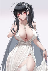 Rule 34 | 1girl, absurdres, ahoge, azur lane, bare shoulders, black hair, bracelet, breasts, cleavage, collarbone, commentary request, cowboy shot, dress, earrings, eternity (shadeh), flower, garter straps, hair between eyes, hair flower, hair ornament, hair strand, hand on own face, hand up, highres, jewelry, large breasts, long hair, looking at viewer, necklace, no panties, official alternate costume, parted lips, red eyes, see-through, side slit, sidelocks, sleeveless, smile, solo, standing, taihou (azur lane), taihou (temptation on the sea breeze) (azur lane), thighhighs, thighs, white background, white dress, white thighhighs