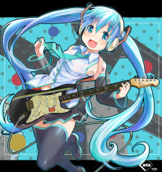 Rule 34 | 1girl, aqua eyes, aqua hair, artist name, black thighhighs, blouse, blush, boots, detached sleeves, dress shirt, electric guitar, fender (company), fender stratocaster, guitar, hatsune miku, headphones, highres, holding, instrument, long hair, looking at viewer, miniskirt, navel, necktie, open mouth, pleated skirt, retsumaru, shirt, skirt, sleeveless, smile, solo, space invaders, standing, standing on one leg, thigh boots, thighhighs, twintails, very long hair, vocaloid, zettai ryouiki