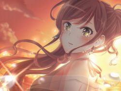 Rule 34 | 2girls, bang dream!, blush, brown hair, commentary request, crying, dress, earrings, eye reflection, green eyes, grey dress, highres, imai lisa, jewelry, light rays, long hair, looking at another, minato yukina, multiple girls, orange sky, ponytail, pov, reflection, sky, wavy hair, xin (blueramen)