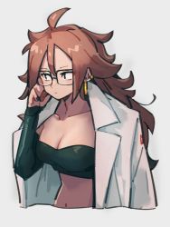 Rule 34 | 1girl, android 21, black eyes, breasts, cleavage, closed mouth, collarbone, dragon ball, dragon ball fighterz, earrings, glasses, grey background, hair between eyes, hoop earrings, jewelry, kemachiku, lab coat, long hair, looking away, looking to the side, medium breasts, navel, red hair, simple background, solo