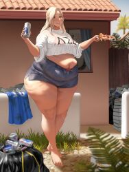 Rule 34 | 1girl, barefoot, beer can, blonde hair, braid, breasts, can, cellulite, crop top, drink can, fat, food, highres, large breasts, midriff, original, outdoors, pabst blue ribbon, pizza, pizza box, pizza slice, short shorts, shorts, solo, standing, thick thighs, thighs, toroboro, trash bag