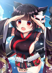 Rule 34 | 1girl, :o, animal ear fluff, animal ears, arms up, azur lane, bell, black hair, black kimono, blue sky, blunt bangs, blush, breasts, cat ears, cat mask, cloud, commentary request, day, fang, floral print, ikazu401, japanese clothes, jingle bell, kimono, large breasts, long sleeves, looking at viewer, mask, mask on head, open mouth, outdoors, red eyes, shading eyes, short hair, short kimono, sideboob, skindentation, sky, solo, thighhighs, white thighhighs, wide sleeves, yamashiro (azur lane)