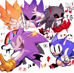 Rule 34 | black fur, black sclera, blood, blood on clothes, bloody tears, blue fur, blue tongue, colored sclera, colored tongue, fleetway super sonic, furry, furry male, gloves, heart, heart in mouth, hedgehog, hedgehog boy, hedgehog ears, highres, looking at viewer, purple eyes, purple fur, quill, red eyes, smile, sonic.exe, sonic (series), sonic the comic, sonic the hedgehog, spiked hair, tongue, tongue out, usa37107692, yellow fur