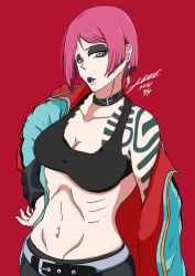 Rule 34 | 1girl, bare shoulders, belly, belly piercing, belt, belt buckle, black bra, black lips, bones (company), bra, breasts, buckle, collar, collarbone, ear piercing, female focus, gloves, godzilla (series), godzilla singular point, goth fashion, gothic, grey eyes, hands on own hip, highres, jacket, kanahara satomi, lip piercing, looking at viewer, mecha, multicolored clothes, multicolored jacket, navel, orange (company), pants, piercing, pink hair, red background, red jacket, robot, signature, skinny, small breasts, solo, solo focus, tattoo, toho, underwear, white hair