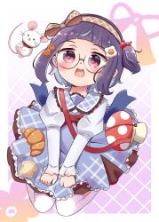 Rule 34 | 1girl, :o, absurdres, animal, bag, blue dress, blush, bow, brown bow, brown hairband, character request, collared dress, commentary, dress, food-themed hair ornament, frilled shirt collar, frills, glasses, gradient background, hair bobbles, hair bow, hair ornament, hairband, highres, juliet sleeves, long sleeves, looking at viewer, mouse (animal), one side up, open mouth, pleated dress, project livium, puffy sleeves, purple background, purple hair, red eyes, rutorifuki, shirt, shoulder bag, solo, teeth, thighhighs, upper teeth only, virtual youtuber, white background, white shirt, white thighhighs