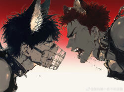 Rule 34 | 2boys, angry, animal collar, animal ears, bare shoulders, bdsm, black hair, chain, chain leash, chimmyming, collar, dog boy, dog ears, drooling, duel, extra ears, eye contact, face-to-face, fangs, from side, gradient background, highres, kemonomimi mode, leash, leash pull, looking at another, male focus, multiple boys, muzzle, open mouth, portrait, profile, red background, red eyes, red hair, rukawa kaede, sakuragi hanamichi, saliva, short hair, slam dunk (series), sleeveless, spiked collar, spikes, tank top, veins