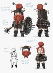 Rule 34 | 1girl, :3, :d, absurdres, armor, armored boots, arrow (symbol), belt, belt pouch, blunt bangs, blush, boots, braid, braided beard, broken horn, chibi, chromatic aberration, commentary, dwarf, english text, facial hair, fake beard, fake facial hair, fake horns, gauntlets, green eyes, hair bun, hair through headwear, height, helmet, highres, holding, holding shield, holding weapon, horned helmet, horns, leather armor, mace, multiple views, open mouth, original, porforever, pouch, red hair, shield, short hair, simple background, single hair bun, smile, spiked armor, spiked gauntlets, spiked mace, spiked shield, spikes, symbol-only commentary, tan, tanline, thick eyebrows, v-shaped eyebrows, weapon, white background