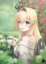 Rule 34 | 1girl, back, blonde hair, blue eyes, braid, breasts, bush, chair, crown, cup, day, dress, flower, french braid, garden, hair between eyes, highres, jewelry, kantai collection, kodama (mmt uf), long hair, long sleeves, looking to the side, medium breasts, mini crown, necklace, off-shoulder dress, off shoulder, outdoors, plant, rose, sitting, solo, teacup, warspite (kancolle), white dress