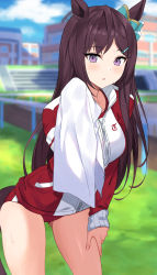 Rule 34 | 1girl, animal ears, asato (fadeless), blurry, blurry background, blush, buruma, cowboy shot, day, gluteal fold, hand on own thigh, highres, holding, holding towel, horse ears, horse girl, horse tail, jacket, leaning forward, long hair, long sleeves, looking at viewer, mejiro dober (umamusume), outdoors, parted lips, purple eyes, purple hair, red jacket, school, solo, sweat, tail, towel, track jacket, umamusume