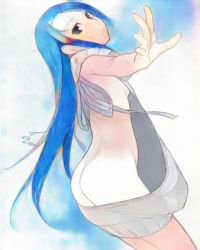 Rule 34 | 1girl, ass, backless dress, backless outfit, blue hair, breasts, butt crack, cowboy shot, dress, hair ornament, hairclip, halterneck, ino (magloid), long hair, looking at viewer, meme attire, mochizuki nonoka, naked sweater, otome function, outstretched arms, sideboob, small breasts, solo, sweater, sweater dress, turtleneck, virgin killer sweater