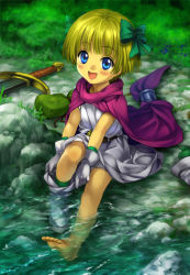 Rule 34 | 1girl, barefoot, belt, blonde hair, blue eyes, blush, bow, cape, child, dragon quest, dragon quest v, dress, feet, female focus, full body, gloves, hero&#039;s daughter (dq5), mutsuki (moonknives), nature, outdoors, river, shoes, short hair, single shoe, sitting, soaking feet, soles, solo, square enix, stream, sword, toes, water, weapon