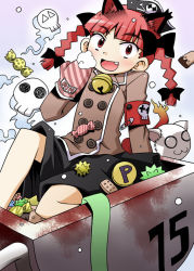 Rule 34 | 1girl, animal ears, armband, bell, braid, candy, cat ears, cat girl, fang, female focus, food, gloves, hat, kaenbyou rin, kannazuki hato, mittens, pirate hat, red hair, safety pin, simple background, sitting, skull, solo, touhou, tricorne, wheelbarrow