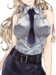 Rule 34 | 1girl, belt, black belt, black skirt, blonde hair, blue necktie, breast focus, breasts, head out of frame, hornet (kancolle), kantai collection, kurou (bcrow), large breasts, lips, long hair, necktie, parted lips, pencil skirt, shirt, simple background, skirt, sleeveless, sleeveless shirt, solo, white background, white shirt