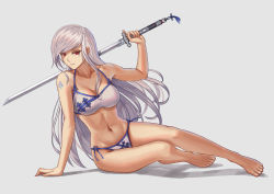 Rule 34 | 1girl, bra, breasts, character request, cleavage, collarbone, fate (series), grey background, highres, long hair, looking at viewer, nairobi song, original, over shoulder, panties, red eyes, silver hair, simple background, sitting, sitting on lap, sitting on person, solo, sword, tattoo, tight clothes, underwear, weapon, weapon over shoulder