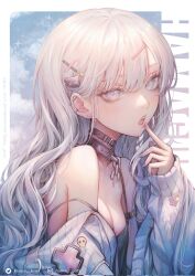 Rule 34 | 1girl, breasts, character request, cleavage, collar, ear piercing, finger to mouth, grey eyes, grey hair, hair ornament, hama guri, highres, jacket, long hair, looking at viewer, medium breasts, off shoulder, original, piercing, solo