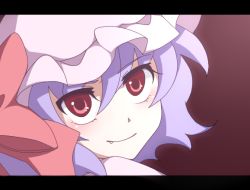 Rule 34 | 1girl, artist request, bad id, bad pixiv id, bow, fang, female focus, gradient background, hat, letterboxed, portrait, purple hair, red eyes, remilia scarlet, sanotsuki, short hair, smile, solo, touhou