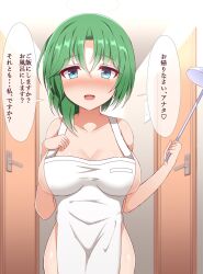Rule 34 | 1girl, alternate breast size, alternate costume, apron, asymmetrical hair, blue eyes, blush, breasts, commentary, cowboy shot, green hair, guard vent jun, hair between eyes, highres, holding, holding ladle, indoors, ladle, large breasts, looking at viewer, medium hair, naked apron, nose blush, open mouth, parted bangs, shiki eiki, shiny skin, smile, solo, touhou, translation request, white apron