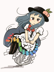 Rule 34 | 1girl, :&lt;, blouse, blue hair, blue skirt, blush, blush stickers, boots, bow, bowtie, bright pupils, center frills, chii-kun (seedyoulater), eyebrows hidden by hair, flat color, food, frills, fruit, full body, hat, hinanawi tenshi, keystone, legs together, long hair, long skirt, no lineart, peach, puffy short sleeves, puffy sleeves, red bow, red bowtie, red eyes, shirt, short sleeves, simple background, sitting, skirt, solo, touhou, white background, white shirt