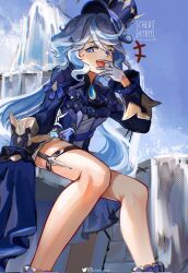Rule 34 | 1girl, ahoge, ascot, asymmetrical gloves, black gloves, blue ascot, blue brooch, blue eyes, blue gemstone, blue hair, blue hat, blue jacket, commentary, cowlick, drop-shaped pupils, english commentary, furina (genshin impact), gem, genshin impact, gloves, hair between eyes, hat, heterochromia, highres, hydro symbol (genshin impact), jacket, kodona, light blue hair, lolita fashion, long hair, long sleeves, looking at viewer, mismatched gloves, mismatched pupils, multicolored hair, open mouth, ryrmcher, shorts, sitting, smile, solo, streaked hair, symbol-shaped pupils, teeth, top hat, water, white gloves, white hair, white shorts