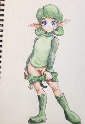 Rule 34 | 1girl, belt, blue eyes, clothes pull, female focus, green hair, highres, looking at viewer, murabito-h, nintendo, no panties, pointy ears, pussy, saria (zelda), shorts, shorts pull, simple background, sketchbook, solo, the legend of zelda, the legend of zelda: ocarina of time, undressing