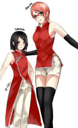 Rule 34 | 2girls, age difference, alternate costume, alternate hairstyle, arm warmers, bare shoulders, black eyes, black hair, black legwear, blush, breasts, character name, cosplay, costume switch, dress, facial mark, flat chest, forehead mark, glasses, green eyes, hairstyle switch, hand on another&#039;s shoulder, hand on own hip, haruno sakura, iyokani, light smile, lips, lipstick, looking at viewer, makeup, mother and daughter, multiple girls, naruto, naruto (series), naruto gaiden, pink hair, red-framed eyewear, red dress, red shirt, shirt, shorts, side slit, simple background, sleeveless, sleeveless dress, sleeveless shirt, smile, standing, thighhighs, uchiha sarada, white background, zipper