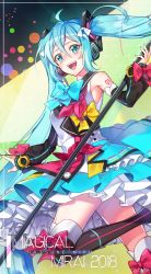 Rule 34 | 1girl, 2018, :d, ahoge, black thighhighs, blue bow, blue eyes, blue hair, blush, bow, bowtie, character name, floating hair, hair bow, hatsune miku, headphones, highres, holding, leg up, long hair, magical mirai (vocaloid), magical mirai miku, magical mirai miku (2018), microphone stand, milcona, open mouth, red bow, shirt, sleeveless, sleeveless shirt, smile, solo, standing, standing on one leg, thighhighs, twintails, very long hair, vocaloid, white bow, white shirt, yellow bow