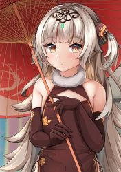 Rule 34 | 1girl, absurdres, azur lane, bare shoulders, blush, brown dress, brown eyes, brown gloves, china dress, chinese clothes, closed mouth, collarbone, commentary request, dress, elbow gloves, fur collar, gloves, grey hair, headpiece, highres, holding, holding umbrella, looking at viewer, mole, mole under eye, moyoron, official alternate costume, oil-paper umbrella, red umbrella, sleeveless, sleeveless dress, solo, two side up, umbrella, upper body, z46 (azur lane), z46 (jianzhi fantasia) (azur lane)